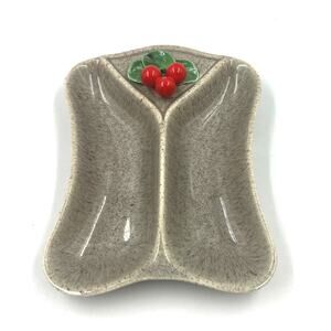 Vintage Speckled Stoneware Pottery Divided Serving Dish Holly Berry MCM Holiday